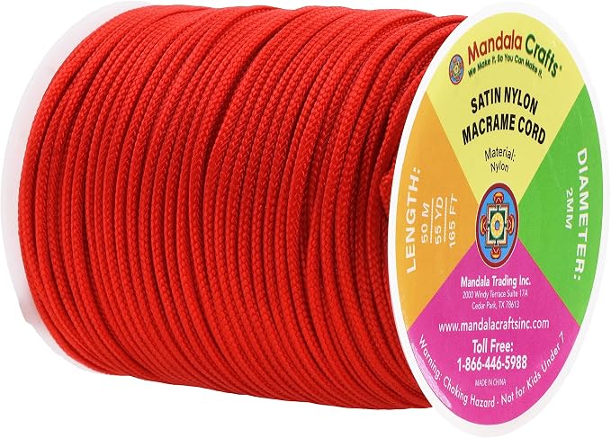 Mandala Crafts 2mm Red String Rattail Nylon Satin Cord for Jewelry Making