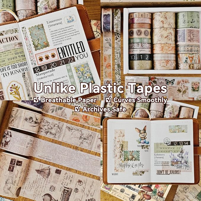 Vintage Washi Tape Set for Scrapbooking & Journaling - 32 Rolls Floral, Cute Decorative Tapes with Assorted Widths, Retro Aesthetic DIY Gift for Bible, Bullet, Junk Journal Supplies (Christmas Tape)