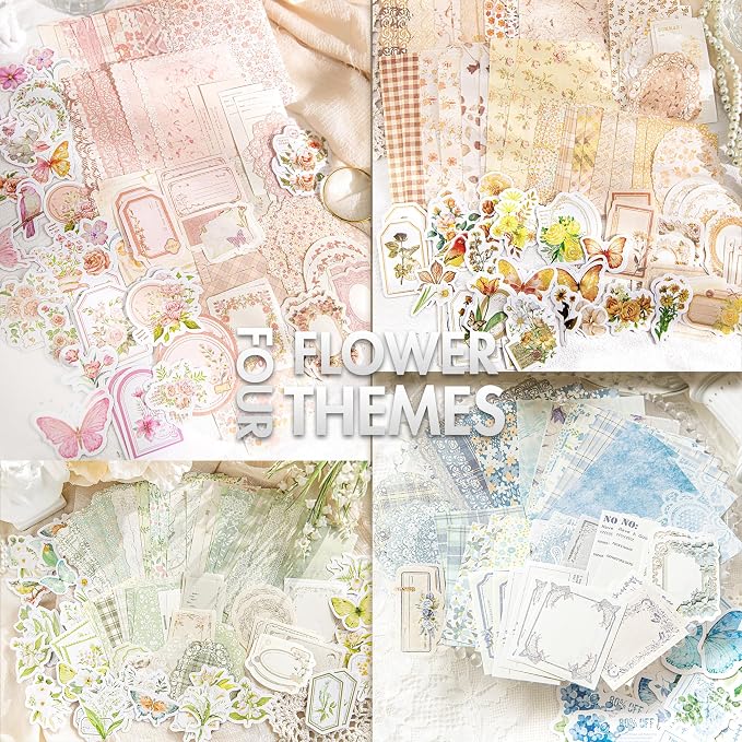 Vintage Floral Scrapbook Paper & Journaling Stickers, 400pcs | 4 Pack Assorted Set, Junk Journal Scrapbook Supplies for Bullet Journaling, Retro Crafts, Planner, Collage Card Album