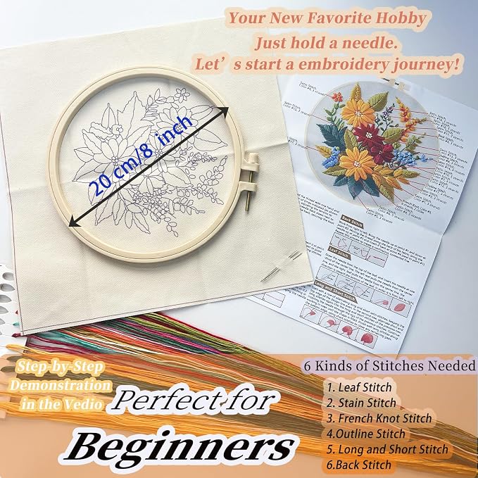FONNUY Floral Embroidery Kit for Beginners, Colorful Flowers Pre-Stamped Pattern Kits for Adults with Hoop, Thread Needlework, 8'' Hoop (Zinnia)