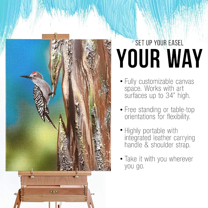 U.S. Art Supply Large Beechwood French Easel, Adjustable Plein Air Easels | Sketchbox Tripod for Field & Studio Painting Easel for Adults, Drawing, Display - Portable with Artist Drawer & Palette