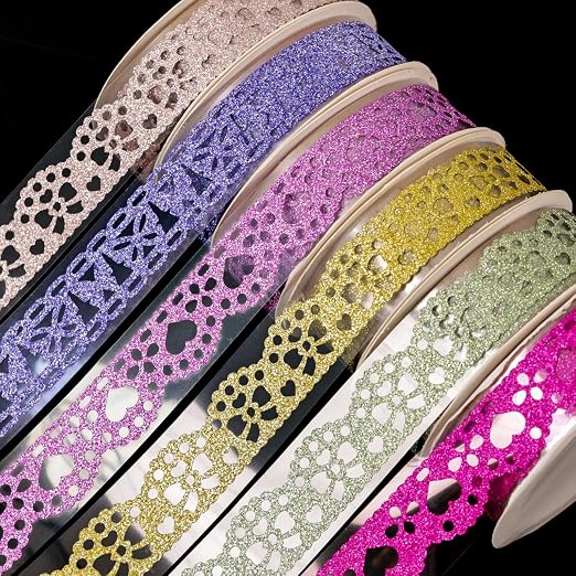 SallyFashion 6Rolls Glitter Lace Washi Tape Set, Decorative Scrapbook Tape | Self-Adhesive, 6 Colors, for Scrapbooking Supplies, Card Making, Aesthetic Journaling and DIY Craft Projects Gift Wrapping
