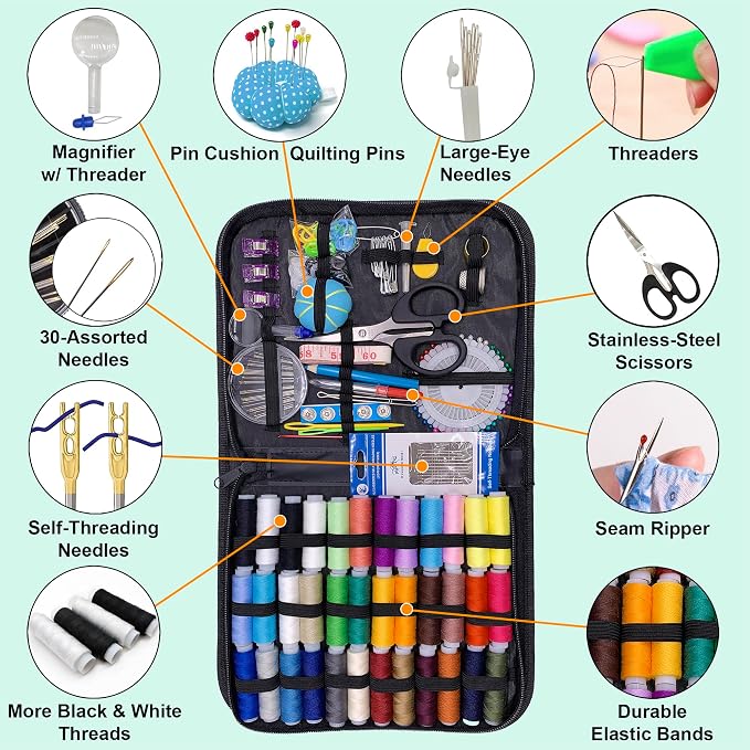 Vellostar Large Sewing Kit for Adults, 150-Piece Set, 36 Colors, 30 Needles | Easy enough to be a first home hand sewing kit, ready to mend a hem, fix a stuffed toy, or replace a button in minutes