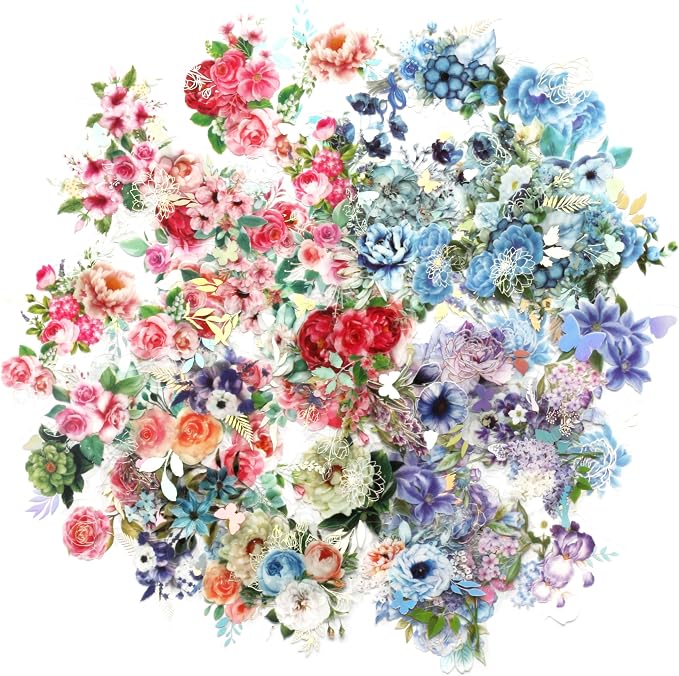 100 Pcs Holographic Nature Flower Stickers, Clear PET Transparent Foil Decorative Adhesive for Scrapbooking, Journaling, Card Making — Waterproof Craft Stickers