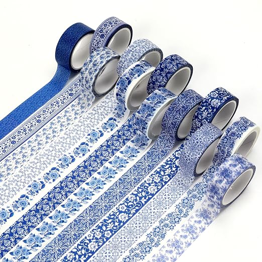 12 Roll Floral Washi Tape Set Flower Decorative Masking Tape for Scrapbook | Blue-and-White Porcelain in Chinese Style Washi Tape Set for Back to School Arts DIY Craft Scrapbook Journal Supplies Gifts
