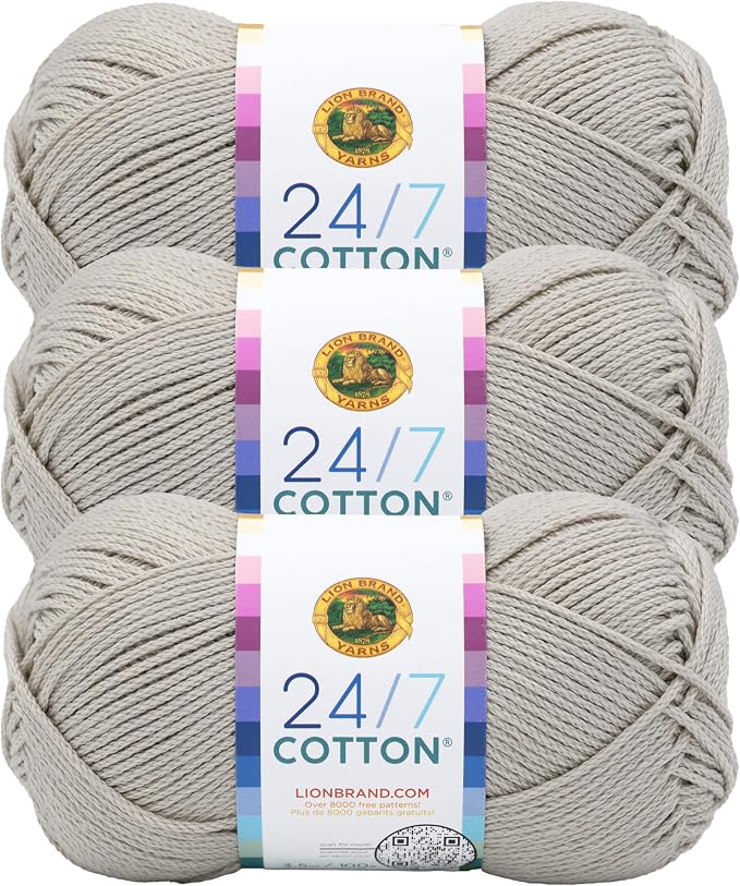Lion Brand Yarn, 24/7 Cotton Yarn, Linen, Greige, 3 Pack