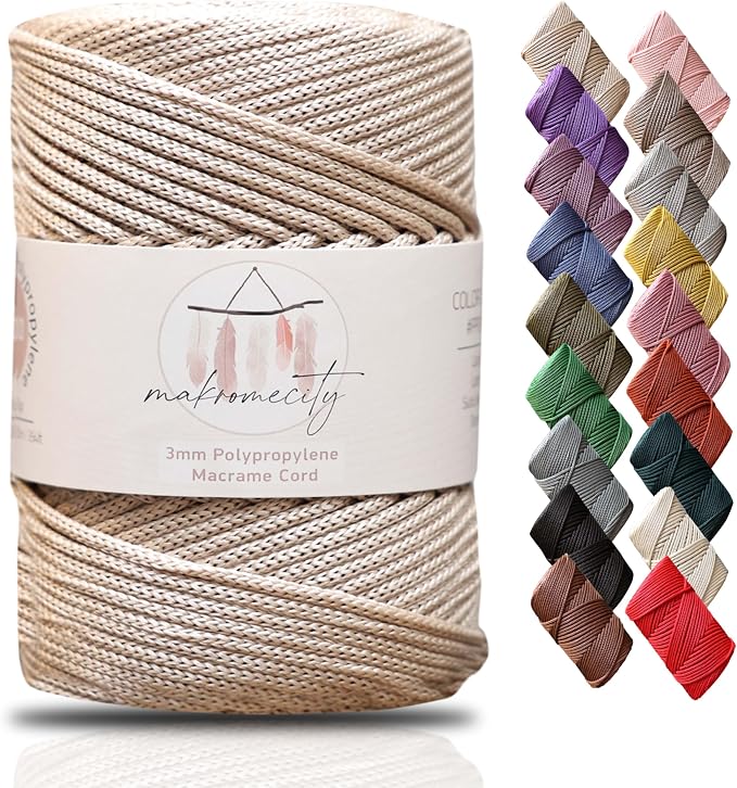 Makromecity, Premium Polyester Macrame Cord 3mm x 131 Yards (394 feet) 3mm Polypropylene Latte Macrame Cord Crochet Macrame Bag Cord Crafts for Wall Hangings, Bags, Underplate, Rug…