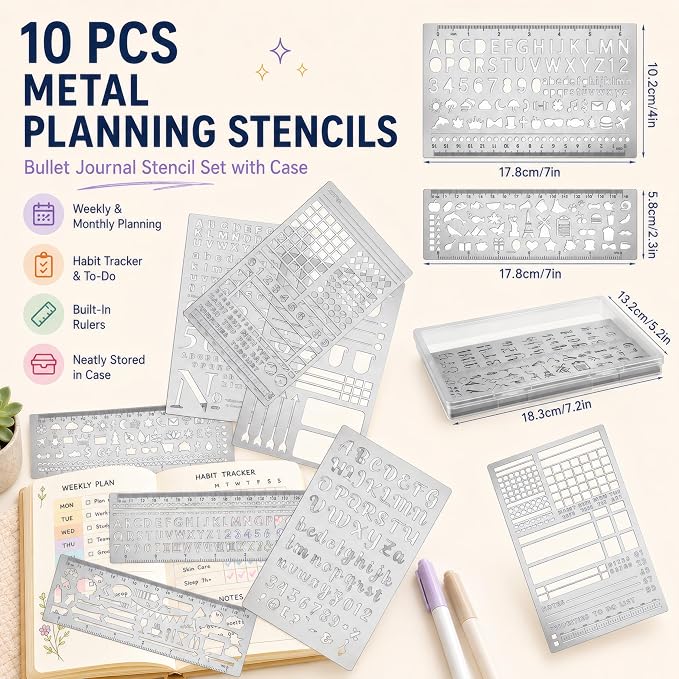 10Pcs Metal Planning Stencils, Bullet Journal Stencil, Ruler Stencil for Journaling with Case – Bullet Journal Weekly/Monthly Planning, Daily Task Tracker, Drawing Straight Lines