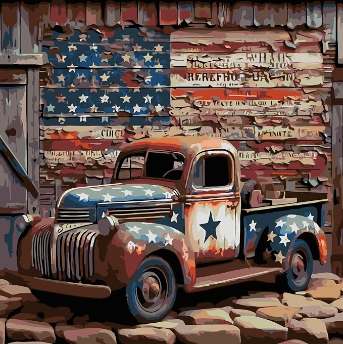 CHWGLFGG Vintage Truck Paint by Numbers Kit for Adults On Canvas 16x16inch | DIY Easy Adult Paint by Number Kits American Flag,Paint by Color Acrylic Paint Painting Home Wall Decor (Without Frame)