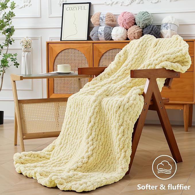 Cozyful Chunky Yarn for Hand Knitting - #10 Chunky Chenille Yarn, Jumbo Big Thick Chunky Yarns for Crocheting, Super Bulky Chunky Knit Blanket Yarns, 8 Skein (22 yds 8 oz Each Skein), Light Yellow