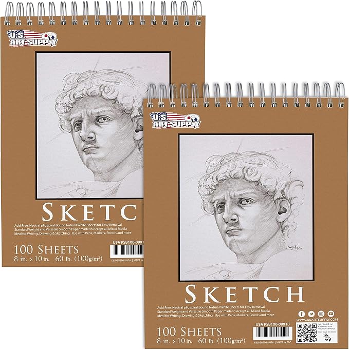 U.S. Art Supply 8"x10" Top Spiral Bound Sketch Book, 100 Sheets Each 2-Pack | 60lb (100gsm), Acid-Free, Artist Sketchbook, Drawing for Adults & Students
