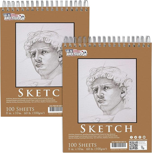 U.S. Art Supply 8"x10" Top Spiral Bound Sketch Book, 100 Sheets Each 2-Pack | 60lb (100gsm), Acid-Free, Artist Sketchbook, Drawing for Adults & Students