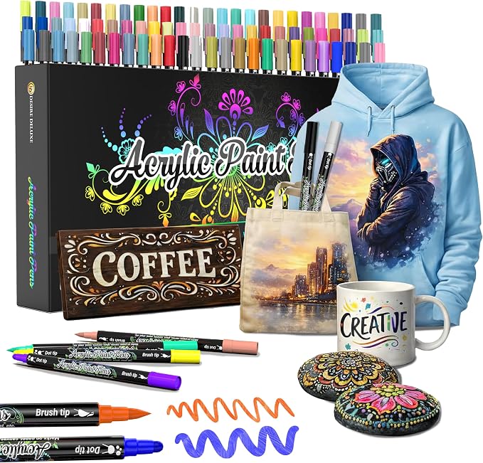Desire Deluxe Acrylic Paint Pens for Rock Painting, Stone, Ceramic, Glass, Wood, Canvas – Set of 78 Non Toxic Water Based Markers - Great Artists Painting Supplies (Dual Tip Multicolor, 78)