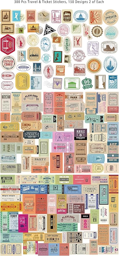 Prstincol 300 Pcs Vintage Travel Stickers Ticket Stickers for Journaling,Luggage Sticker Stub Vintage Sticker for Junk Journal Crafts Laptop Water Bottle Album Scrapbook