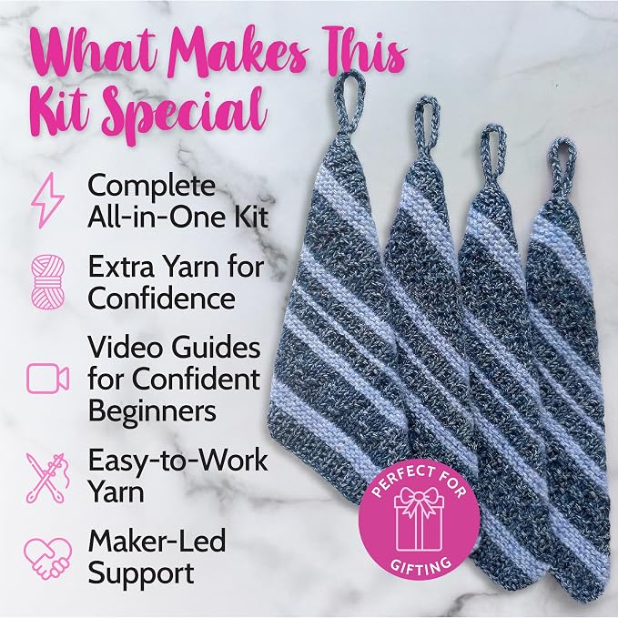 KnitPal Dishcloth Knitting Kit for Beginners (Jean Blue + Sky Blue)