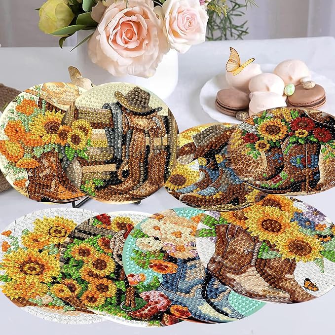 8 Pcs Diamond Art Coasters Kits, Cowboy Boots Diamond Painting Coasters Kit
