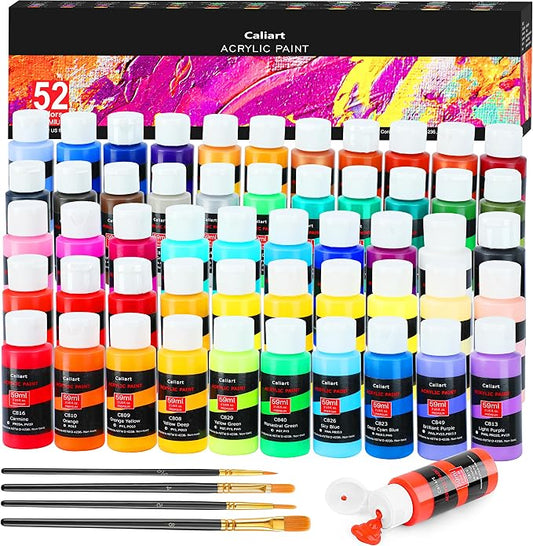 Caliart 52 Colors Acrylic Paint Set with Painting Brushes | Rich Pigment, Craft Painting Kit for Adults Artists, Halloween Pumpkin Canvas Wood Rock Ceramic Fabric Art Supplies Paints