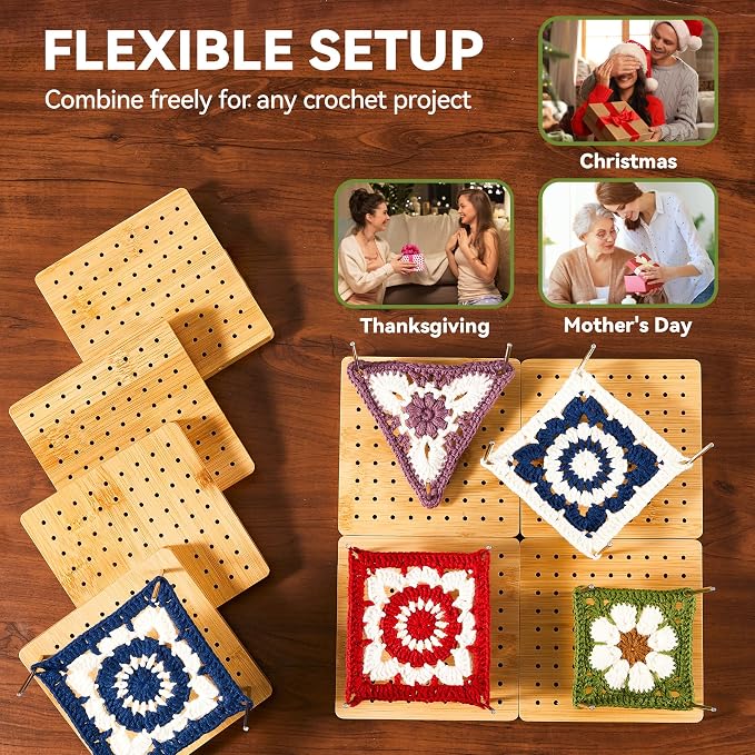 4-Pack 4.7" Assembled Crochet Blocking Boards for Granny Square with Pins | With 25 Steel Pins Pegs, Assembles into 9.4" Standable Blocking Board for Crocheting and Knitting,Gifts for Crocheter