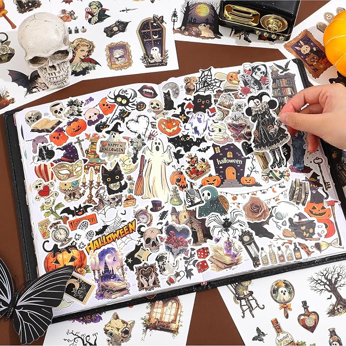 Halloween Sticker Book, 400+ Waterproof Vinyl Halloween Stickers, Funny Stickers for Adults & Kids, Cute Spooky Pumpkin Witch Stickers for Journaling, Scrapbooking, Crafts, Laptops and Water Bottles