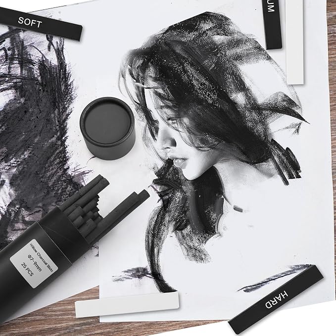 24 Pcs Compressed Charcoal Sticks with Soft, Medium, Hard and White Charcoal, Square Charcoal Stick Kit for Drawing, Sketching and Shading (12 Black and 12 White)