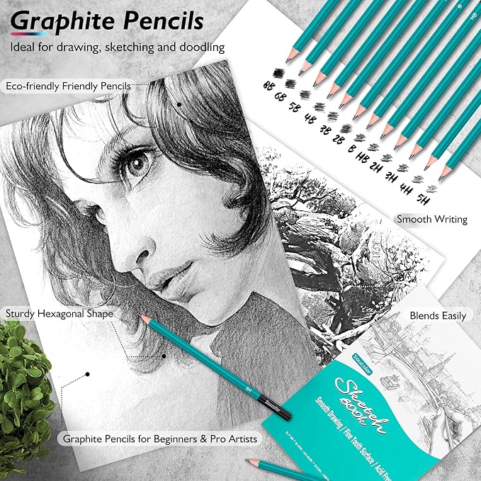 Soucolor 73Pcs Art Supplies Drawing Kit Sketch Pencils Set Adults Gift | 73-Piece Art Set Includes Sketch Book, Coloring Book, Graphite Pencils, Watercolor Pencils & Portable Case for Artists