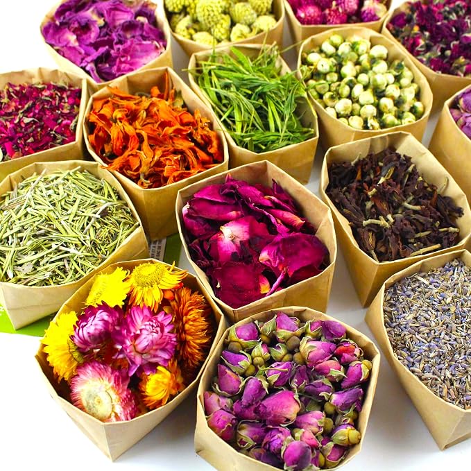 16 Bags Set Dried Flowers Artisan Dried Flower Kit - Candle Making Soap Making DIY Candel Flowers-,Lavender,Roseleaf,Pink Rose,Jasmine,Petal and More