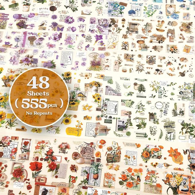 555pcs Vintage Floral Stickers for Journaling & Scrapbooking