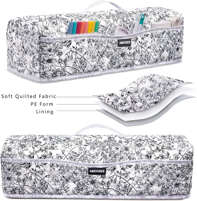 AMOIGEE Dust Cover for Cricuttt Maker 4 & Explore 4/3, Maker 3, Air 2, Quilted Protective Cover with Storage Pockets for Cutting Machine, Floral Fabric Anti-Dust Cover for Craft Machine Organizer