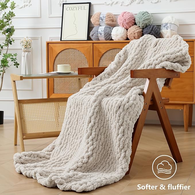 Cozyful Chunky Yarn for Hand Knitting - #10 Chunky Chenille Yarn, Jumbo Big Thick Chunky Yarns for Crocheting, Super Bulky Chunky Knit Blanket Yarns, 8 Skein (22 yds 8 oz Each Skein), Beige White
