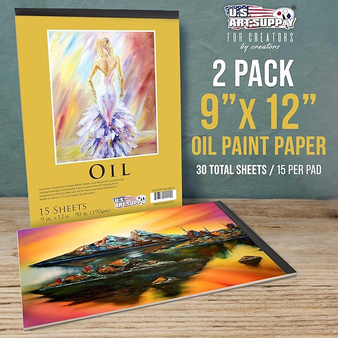 U.S. Art Supply 9" x 12" Premium Heavy-Weight Oil Painting Pad, 2 Pack | 30 Sheets Total - 90lb (190gsm) - Oil Pastel Paper for Students and Adults