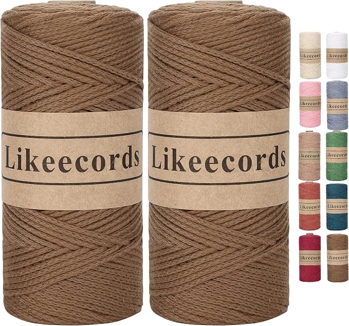 Likeecords 100% Cotton Rope Crochet Yarn Bag Cord 2mm 350Yards Braided Macrame Cord Macrame Rope Crochet Thread Gift for Knitter (Brown)