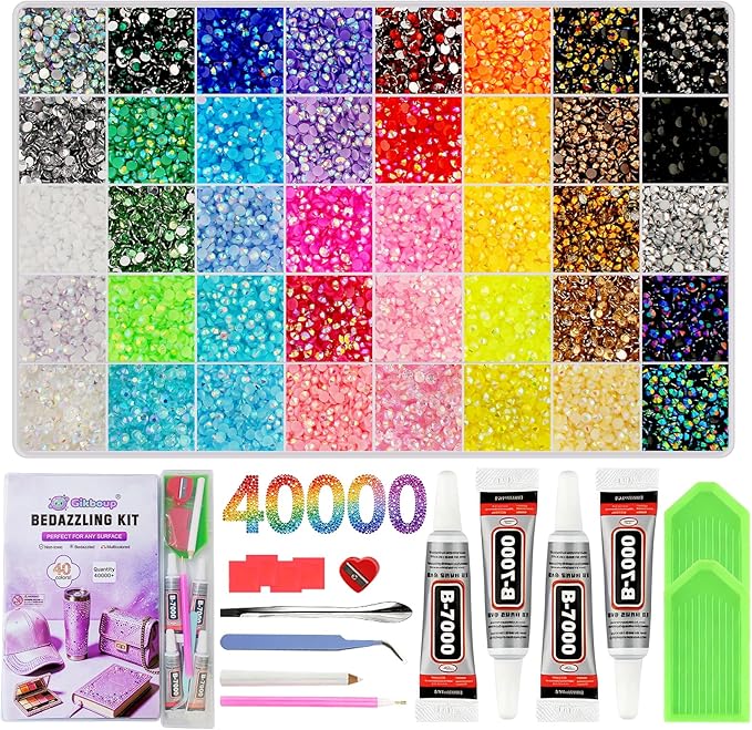 40,000-Piece Bedazzling Kit, 40 Colors, 3mm Jelly AB Resin Rhinestones | Flatback gems with 4 B-7000 glue tubes, 40-compartment box, tweezers and trays for tumblers, phone cases and DIY crafts.