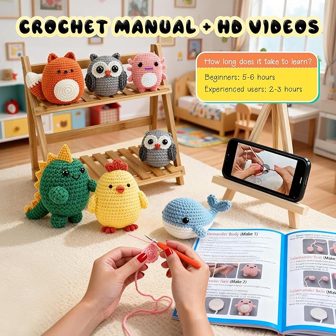 Joyclub Crochet Kit for Beginners 6 Animal Family with Video for Adults | Amigurumi animal with step-by-step video and 40% extra yarn for first projects crochet starter; DIY gifts for adult crafters