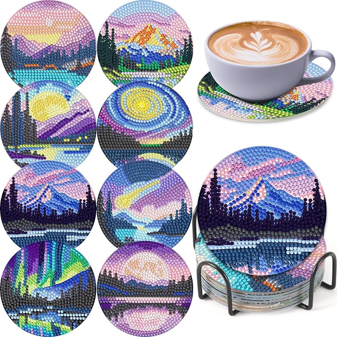 UPINS 8 Pcs Diamond Art Painting Coasters with Holder,Landscape DIY Diamond Art Paintings Coaster Kits Drink Coasters for Birthday Presents Beginners Craft Supplies Adults