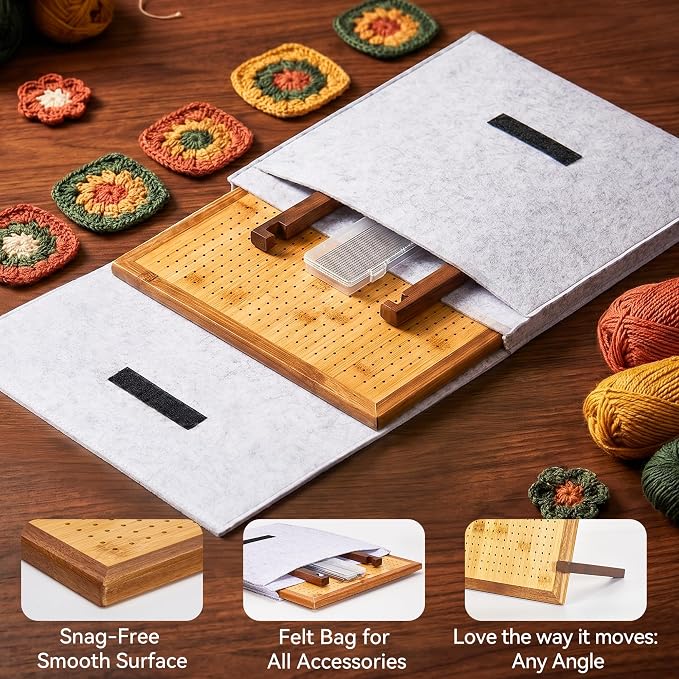 13" Crochet Blocking Board for Granny Square with 25 Pegs(Pins) & Felt Bag | 625 Holes, Blocking Board for Crochet Projects, Adjustable Bamboo Wood Board for Crocheting & Knitting, Gift for Crocheter