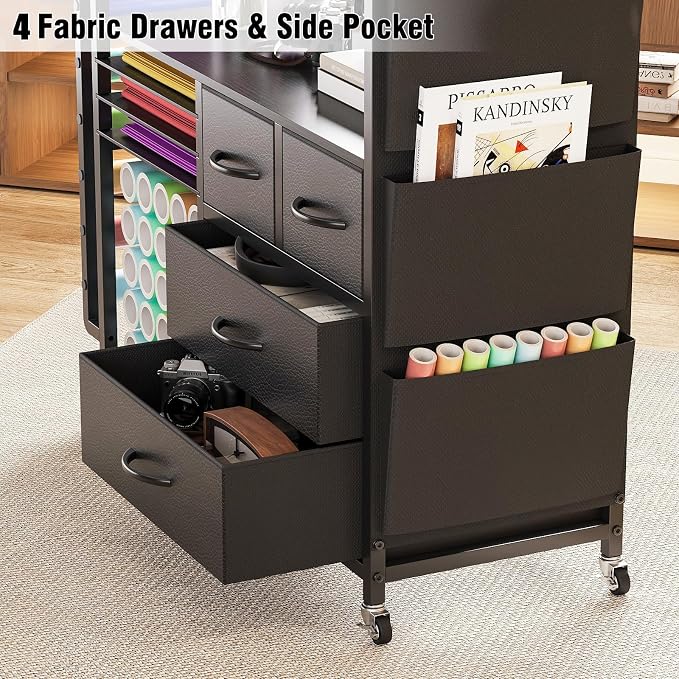 VENNQD Large Craft Organizer and Storage Rolling Cart Compatible with Cricut Machine with Fabric Drawers Vinyl Roll Holder Accessories for Home Craft Workstation Room (Black)