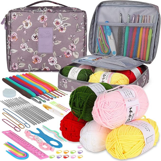 Aeelike Full Crochet Kit for Beginners Adults, Purple Flower | Crochet Kit Multi Size Set 0.6mm-6mm, Crochet Hooks Set with Case Accessories - Crochet Gift for Mother & Grandmother
