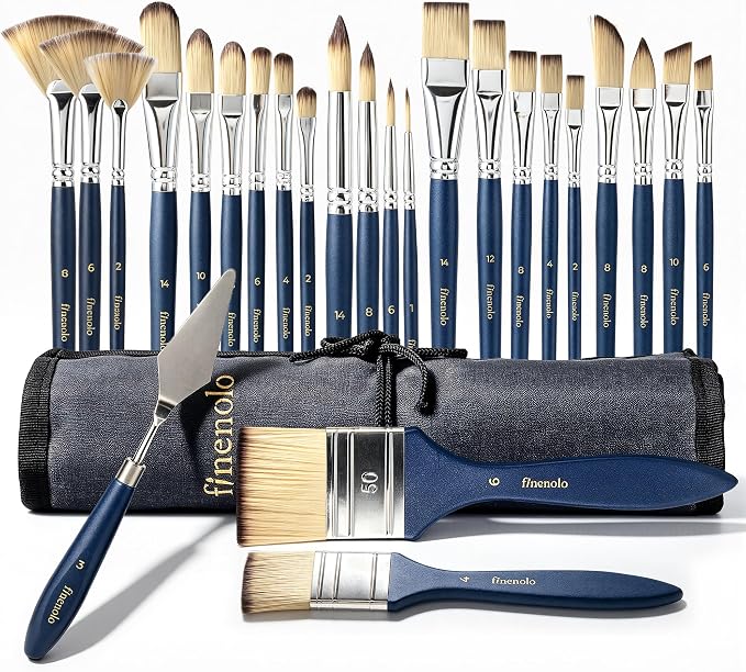 finenolo 25pcs Professional Paint Brush Set, 9 Shapes with Palette Knife | Synthetic bristles for smooth, even strokes, includes palette knife & canvas roll with slots, great for all skill levels