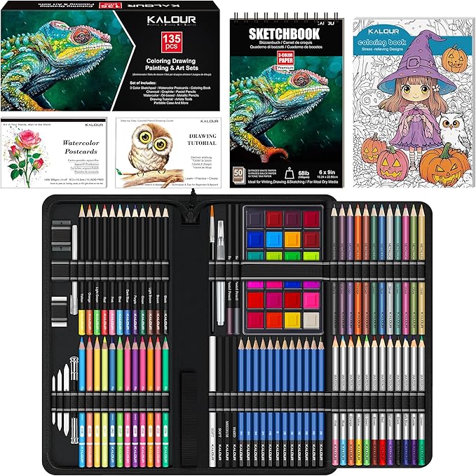 KALOUR 135 Drawing Set Sketching Kit,Art Supplies with 3-color Sketchbook & Coloring Paper,Include Tutorial, Oil Based, Neon,Graphite, Charcoal, Watercolor & Metallic Pencil,for Artist Adults Beginner