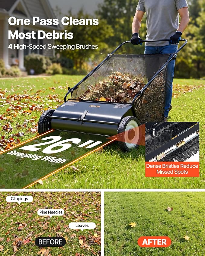 VEVOR Push Lawn Sweeper 26 Inch Leaf & Grass Collector Strong Rubber Wheels