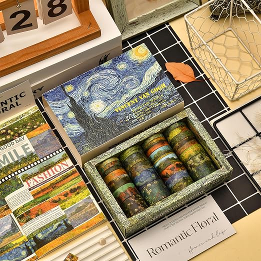25 Rolls Starry Night Washi Tape Pack Van Gogh Oil Painting Arts Adhesive Tapes Gold Foil Decorative Masking Tape Sets for Craft, Kids, Scrapbook, DIY, Gift Wrapping