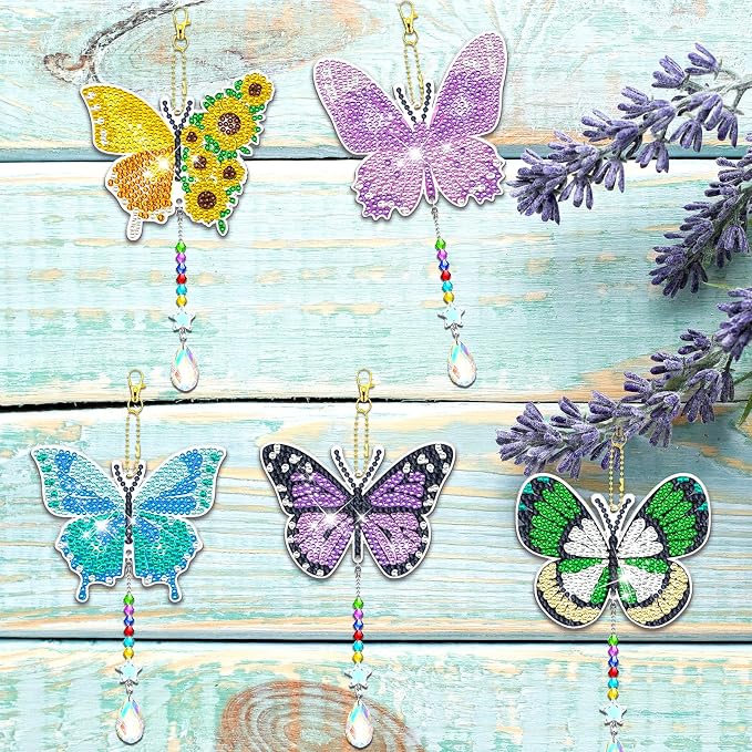 6 Pcs Butterfly Diamonds Paintings Kits Suncatcher Double Sided Rhinestone Painting Wind Chimes 5D DIY Diamond Painting Kits Paint by Number Crystal Hanging Ornaments Mom Gifts
