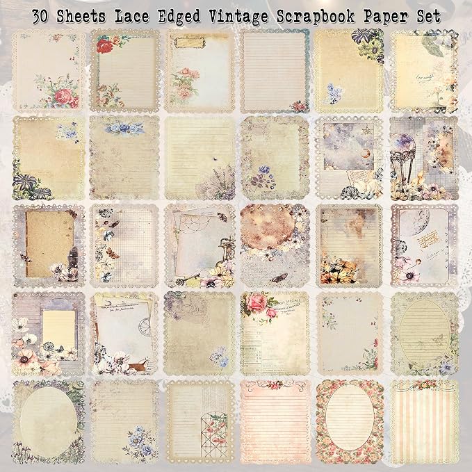 Vintage Floral Lace Edge Scrapbook Paper, 30 Sheets, 3 Pack | 4.9 x 6.9 in | Floral Background Paper | Junk Journaling | Scrapbooking | Collage | Card Making | Memory Keeping