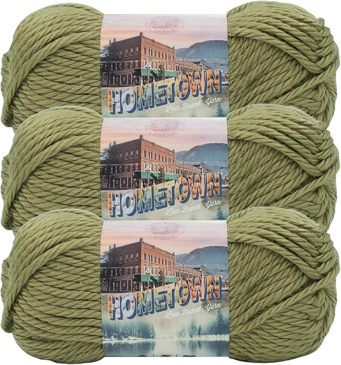Lion Brand Yarn Hometown Yarn, Super-Bulky Yarn for Knitting, Crocheting, and Crafting, 3 Pack, Lakeland Olive | Super Bulky Acrylic Fiber for Warm Crochet Blankets, Knit Winter Hats, Chunky Cardigans, Soft Scarves, Weaving