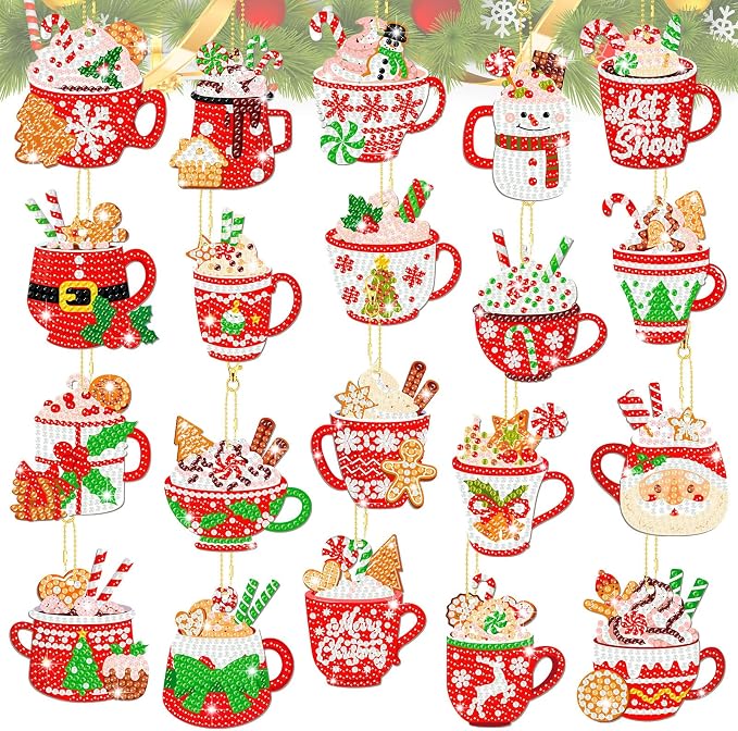 Tondiamo 20 Pcs Christmas Diamond Painting Keychain Kits with Tools Hot Cocoa Themed Art Key Chain Craft Kits Merry Christmas Cute Hanging Handmade 5D Art and Craft Supplies Accessories