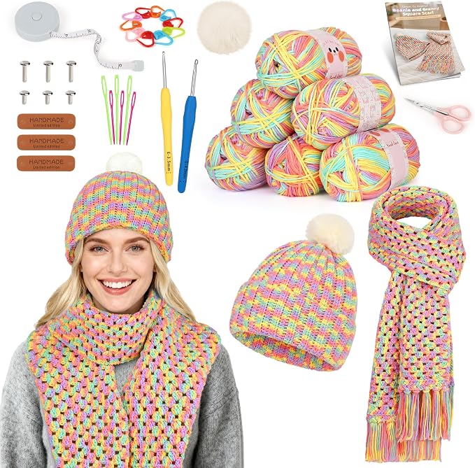 Katech Crochet Kit for Beginners w/Step-by-Step Instruction for Hat, Scarf