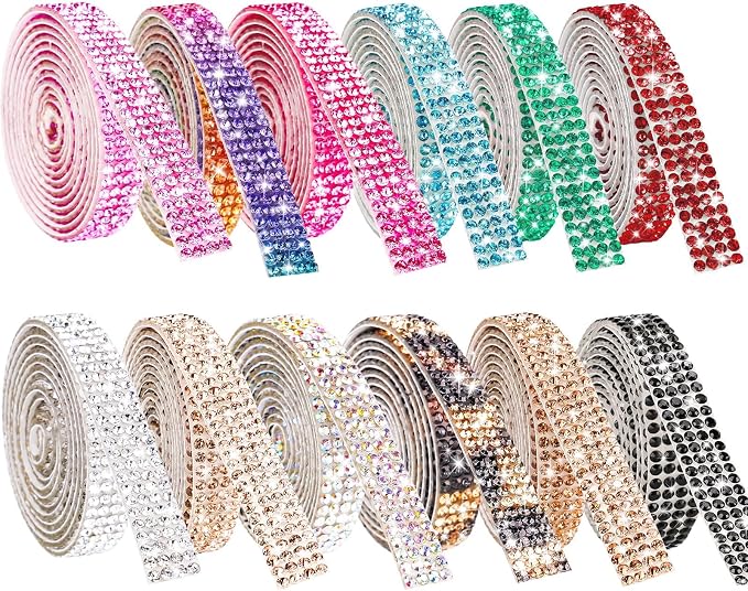 NiArt Self Adhesive Crystal Rhinestone Diamond Ribbon 12 Rolls 0.9cm Wide Total 12 Yards Multi-Functional DIY Decorative Bling Gemstone Arts Crafts Sticker Tape Glitter Shoes Clothes (Assorted Colors)
