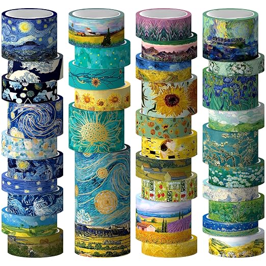 Geesinimo Washi Tape Set, 36 Rolls Van Gogh Vintage Gold Washy Tape, Wide Decorative Tape for Journaling, Scrapbooking Supplies,Vision Board Supplies, 6 Sizes Craft Watercolor Tape