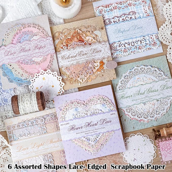 84 Sheets Lace-Edged Scrapbook Paper, 6 Themes Embossed Scrapbooking Paper