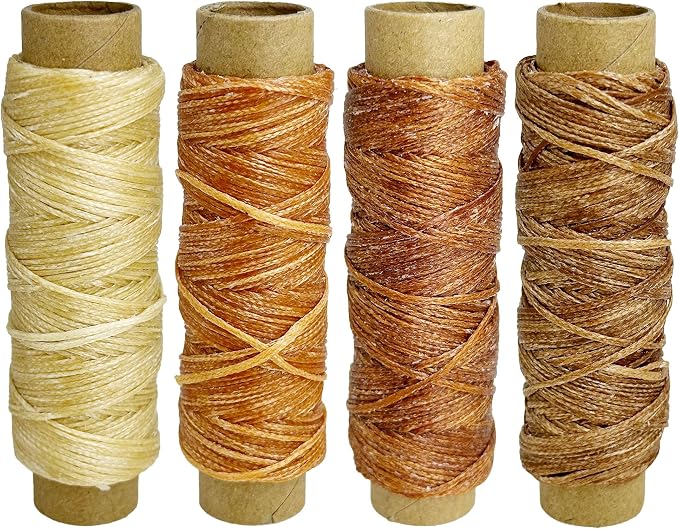 4 PCS Leather Sewing Waxed Thread, Each of 33 Yards 150D Sewing Thread Cord for Leather Craft DIY Supplies, Shoes Repairing, Light Brown, Natural Color, Dark Khaki and Coffee Color
